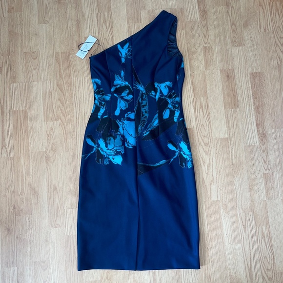 NWT Rickie Freeman Teri Jon One Shoulder Mid Navy and Teal Blue Fit Dress - Picture 5 of 7